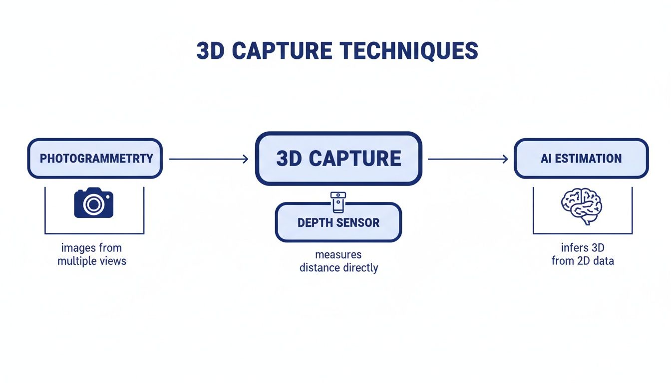 Flowchart illustrating 3D capture techniques like photogrammetry, depth sensors, and AI estimation.