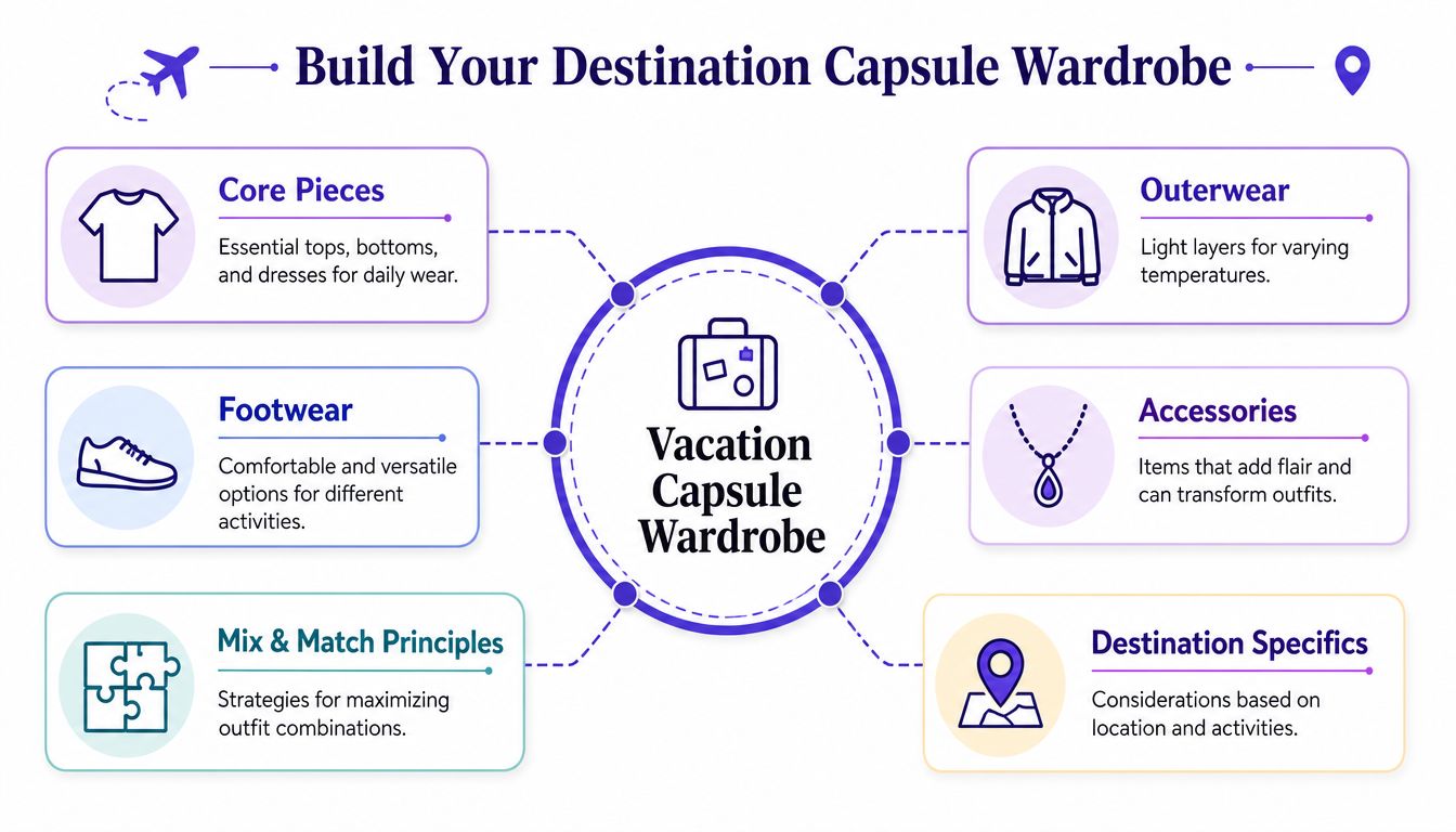 A visual guide for building a destination capsule wardrobe, detailing core pieces, footwear, accessories, and packing strategies.