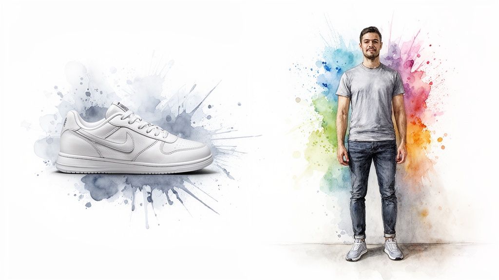 Watercolor illustration of a white sneaker and a man in a t-shirt and jeans with colorful splashes.