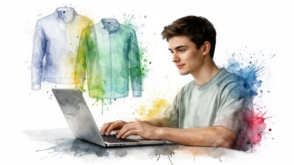 A young man uses a laptop, surrounded by watercolor illustrations of blue and green shirts.