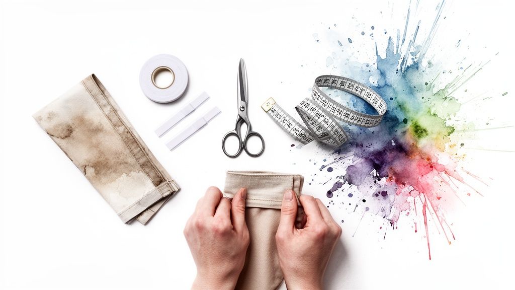 Hands adjusting fabric with tailoring tools, measuring tape, and watercolor art on a white background.