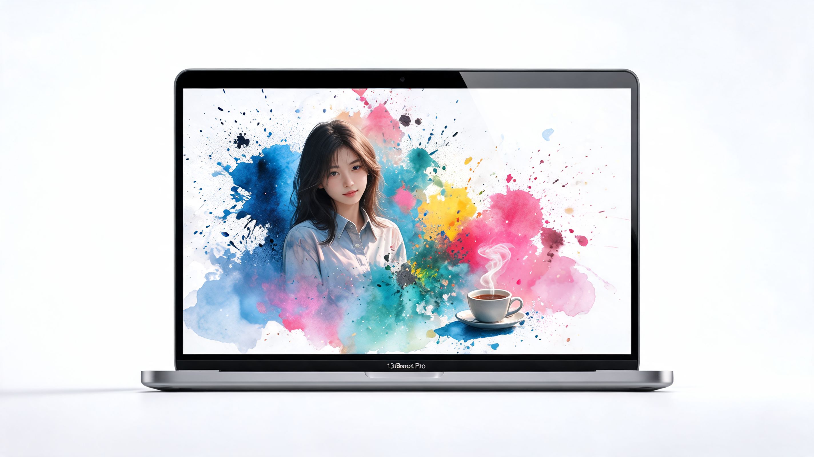 A silver 13-inch MacBook Pro displaying a colorful watercolor illustration of a young woman and coffee.