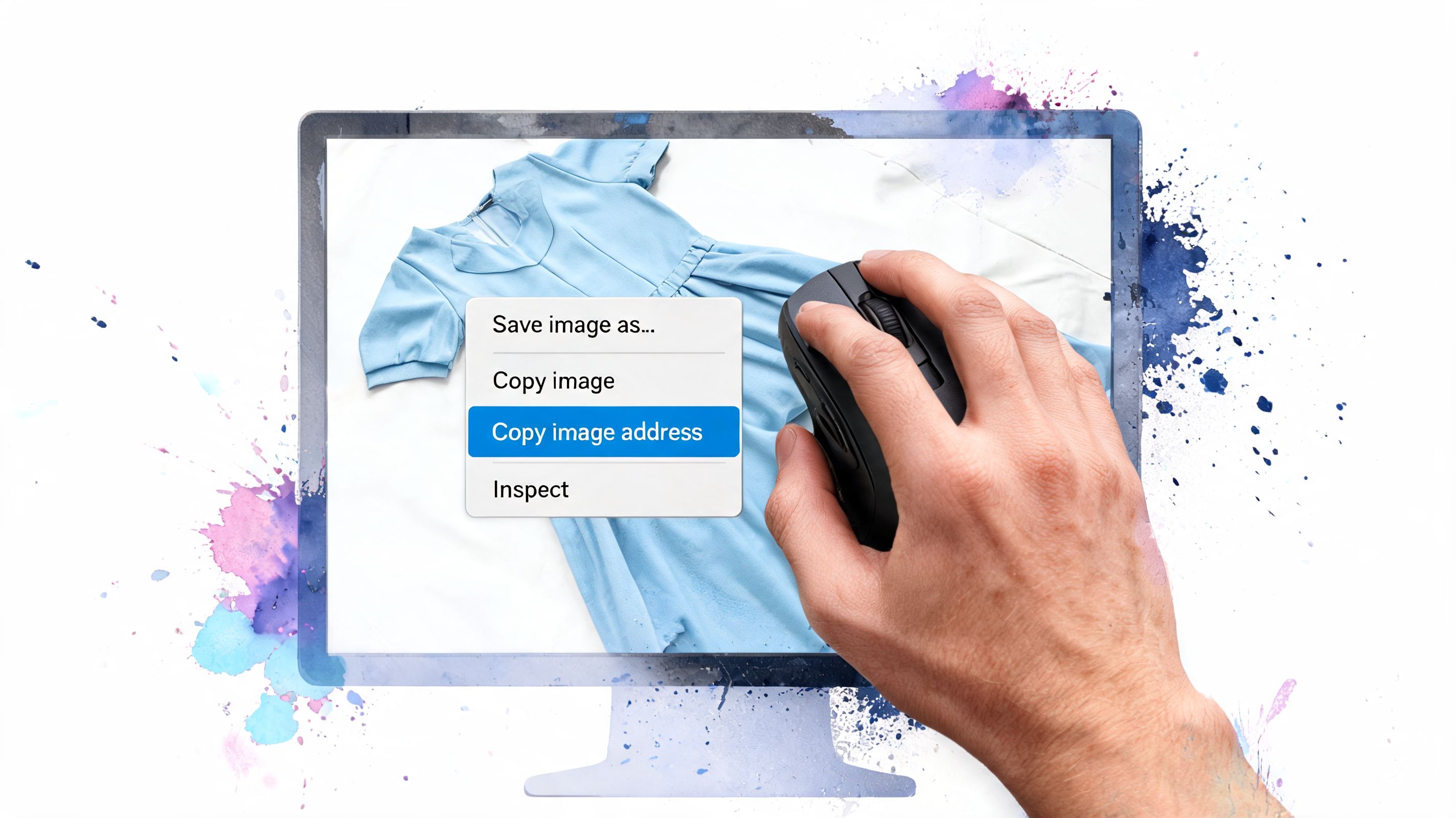 A hand using a computer mouse to select the copy image address option from a context menu
