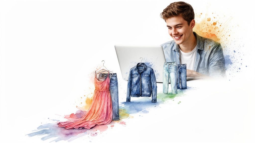 Smiling man online shops for clothes with watercolor fashion items like a dress, jacket, and jeans.