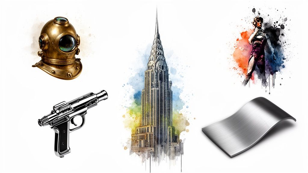 A collage of retro-futuristic and Art Deco objects: a diving helmet, pistol, skyscraper, dancer, and metal.