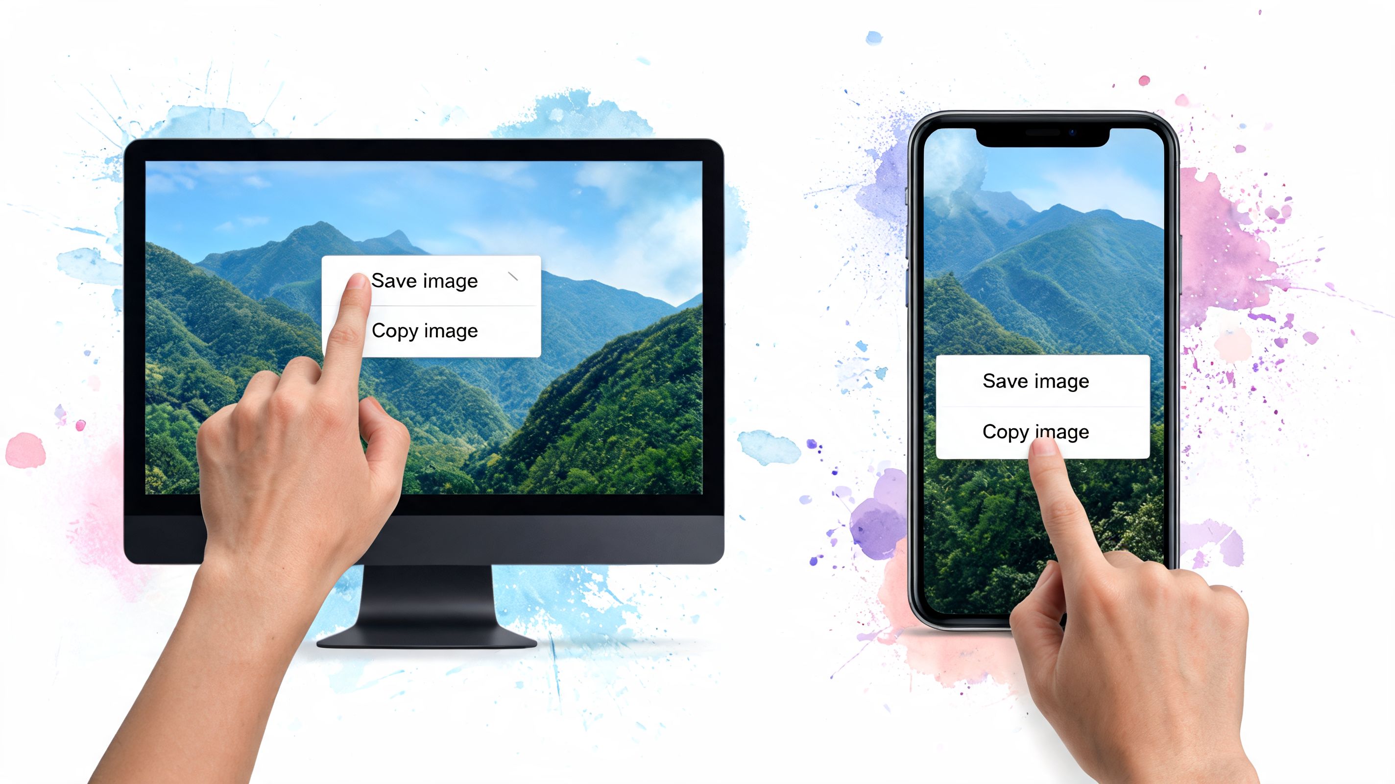 A hand selecting an image on a desktop monitor and a smartphone showing save options.