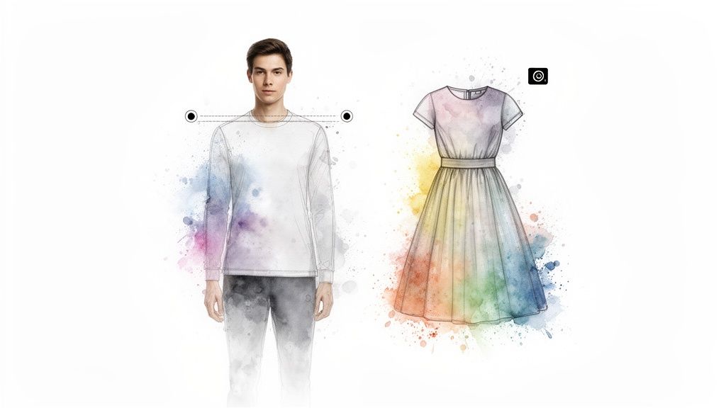 Watercolor illustration of a man with measurement lines and a colorful dress, depicting digital fashion design.