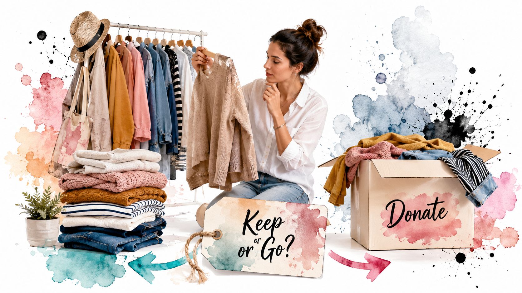 A woman deciding which clothes to keep or donate, surrounded by a clothing rack and a donation box.