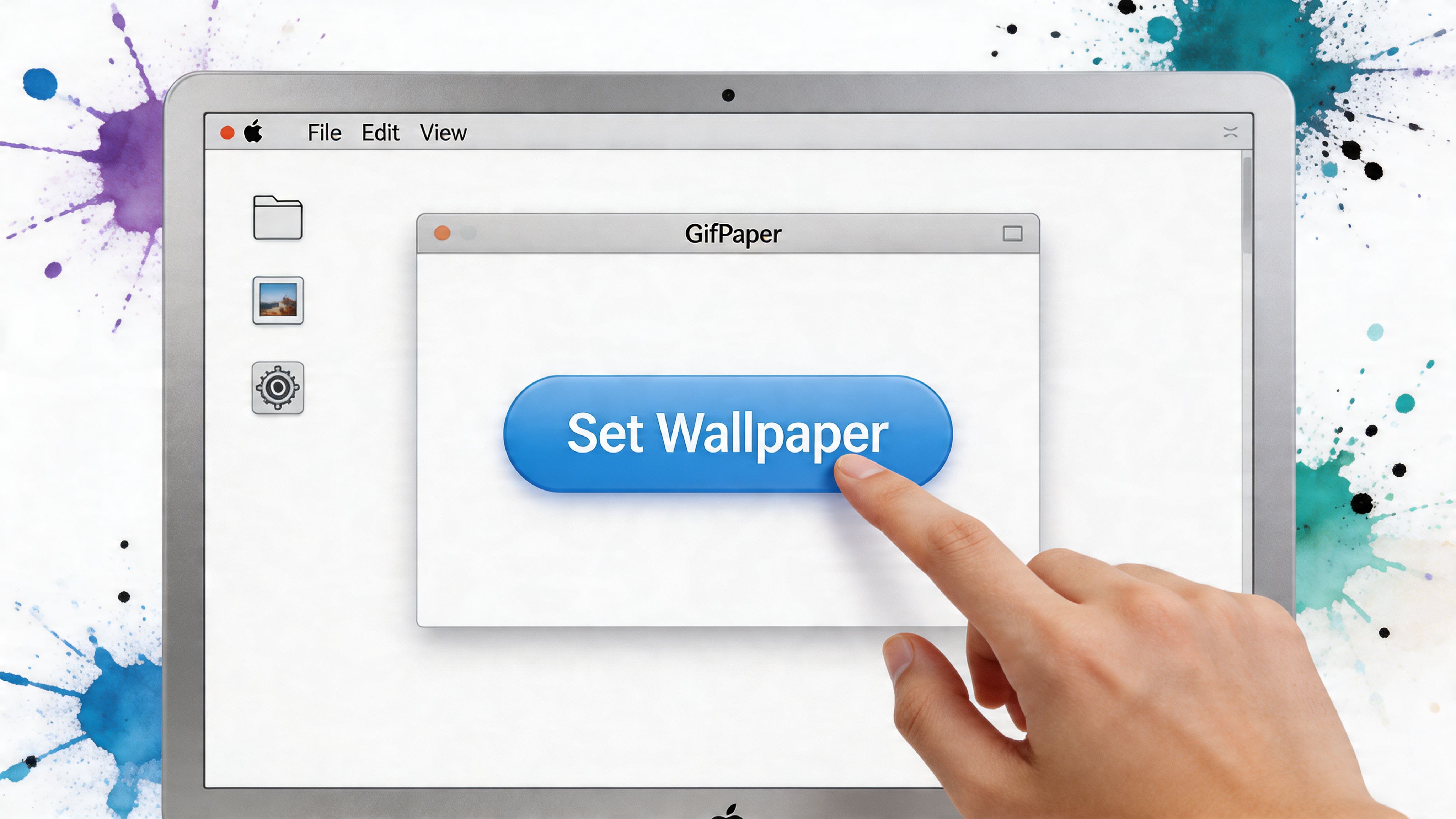 A hand pressing a button on a computer screen labeled Set Wallpaper for live desktop backgrounds.