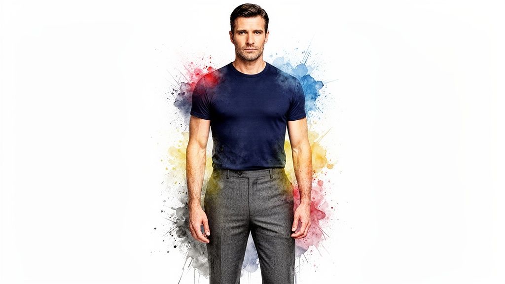 A fit male model wearing a navy t-shirt and grey trousers, standing against a colorful watercolor splash background.