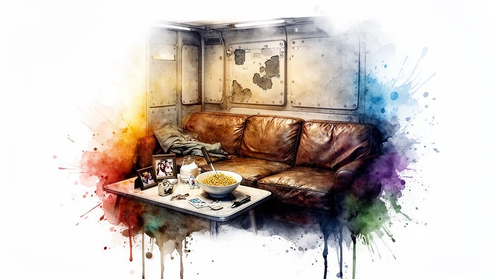 Cozy leather couch and table with snacks in a unique, metal-paneled room with watercolor splashes.