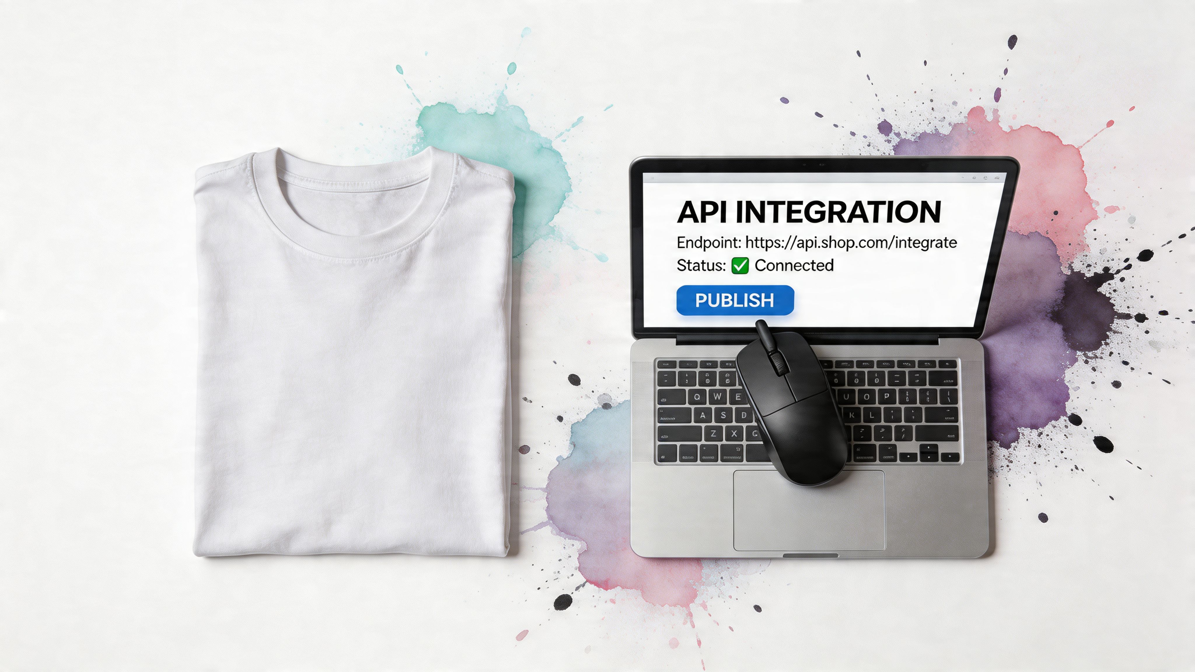 A top-down view of a white t-shirt next to a laptop displaying an API integration dashboard screen.