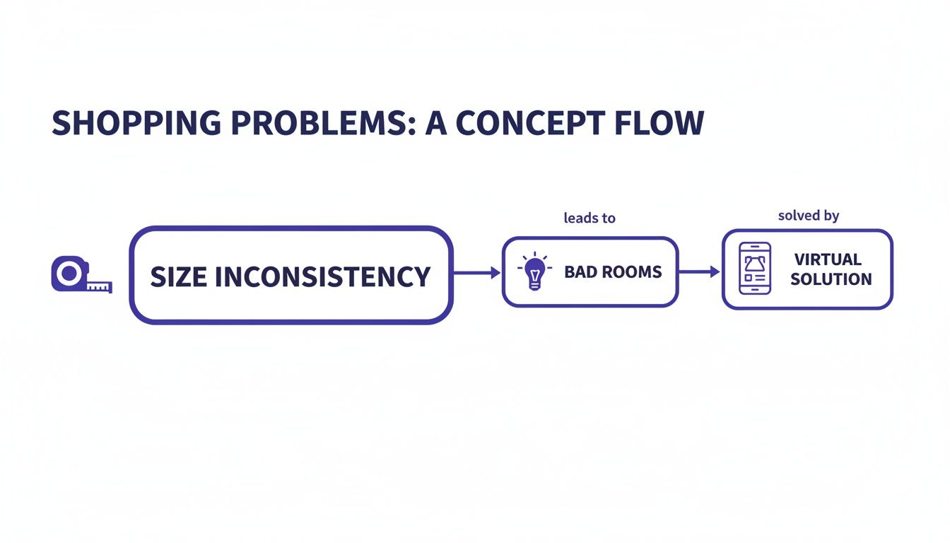 A flowchart illustrates shopping problems, showing size inconsistency leading to bad rooms, solved by a virtual solution.