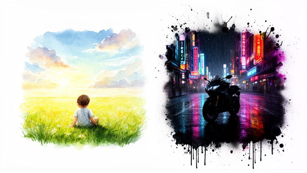 A split image showing a watercolor child in a sunny field contrasting with a neon cyberpunk street with a motorcycle.
