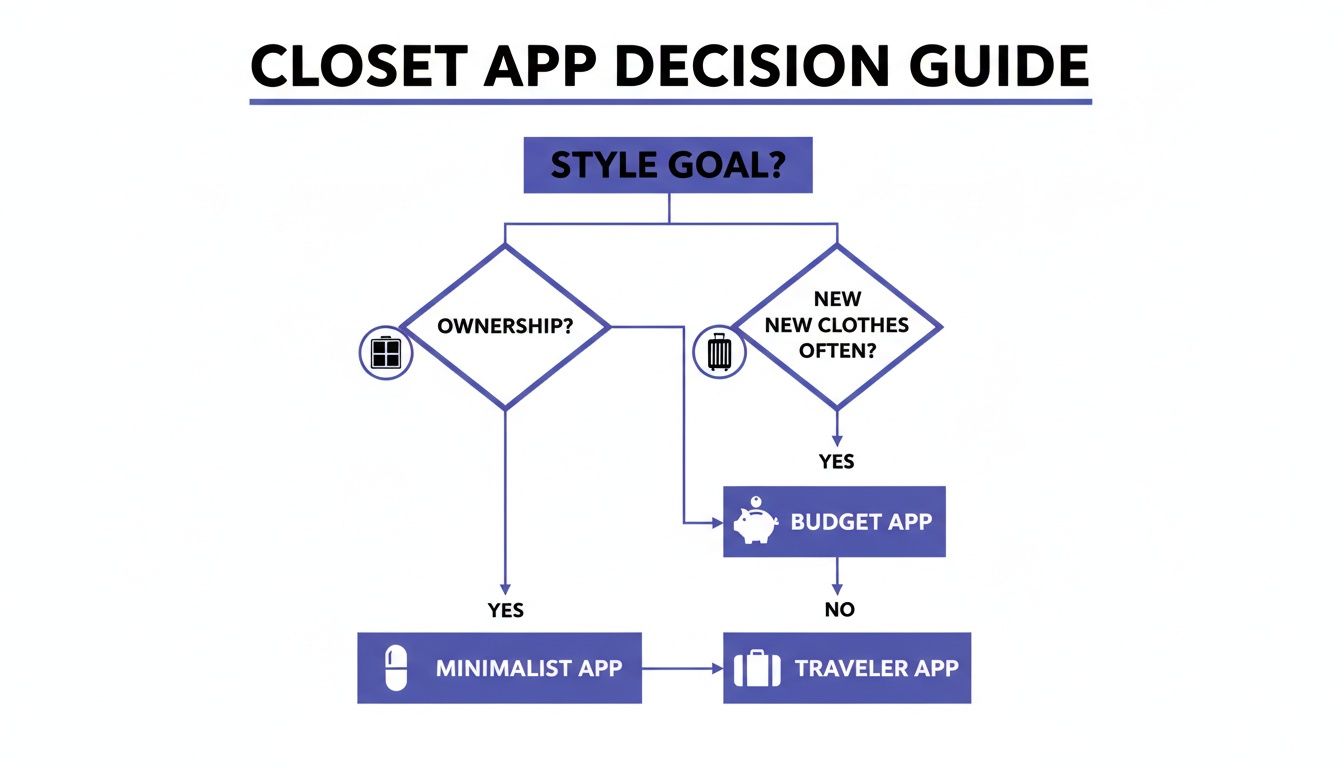 A flowchart titled 'Closet App Decision Guide' illustrating paths to minimalist, budget, and traveler apps.