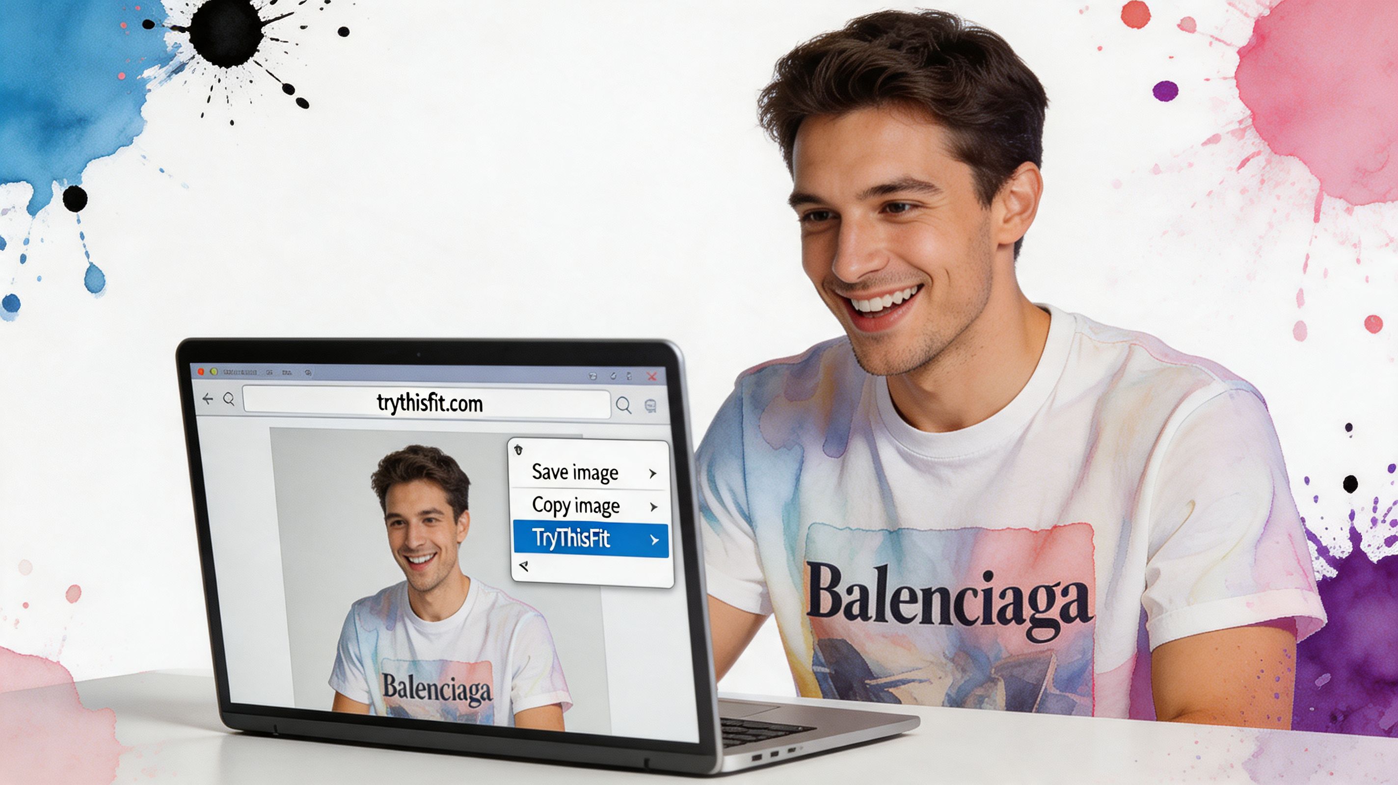 A smiling young man interacting with a virtual try-on software interface on his laptop screen.