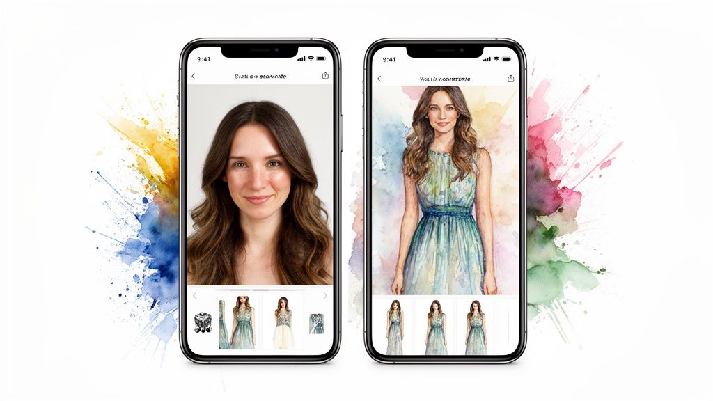 Two iPhones display a fashion app transforming a woman's photo into a watercolor illustration of her in a dress.