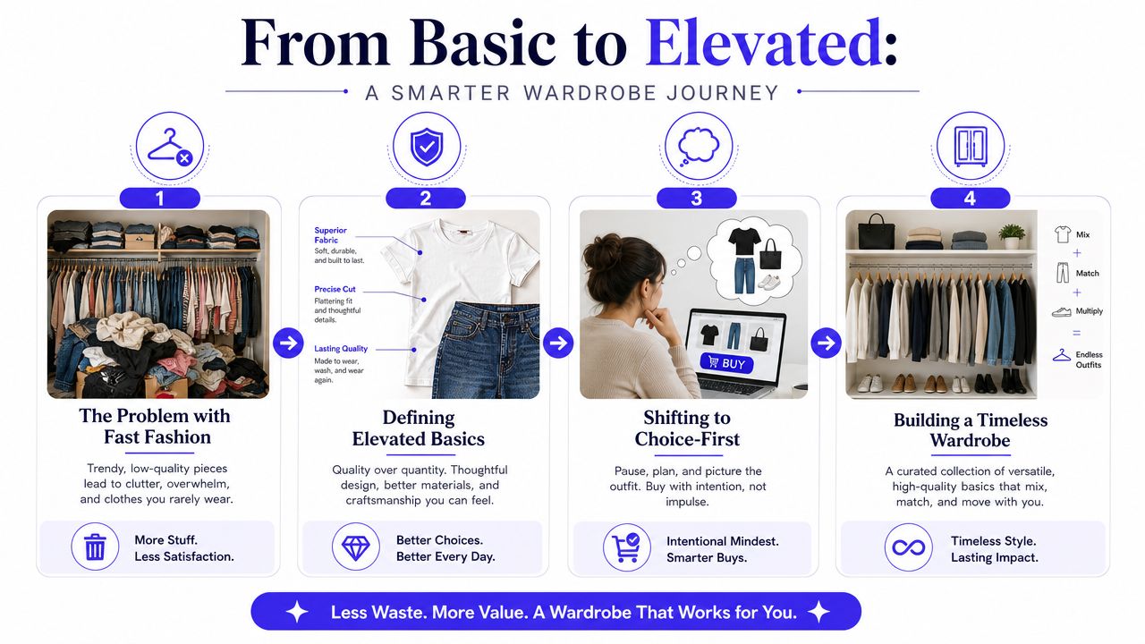 An infographic showing a four-step guide on transitioning from fast fashion to a timeless, elevated wardrobe.