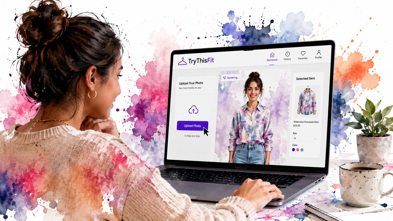 A woman using a laptop with an online virtual clothing try-on interface to visualize personalized fashion choices.