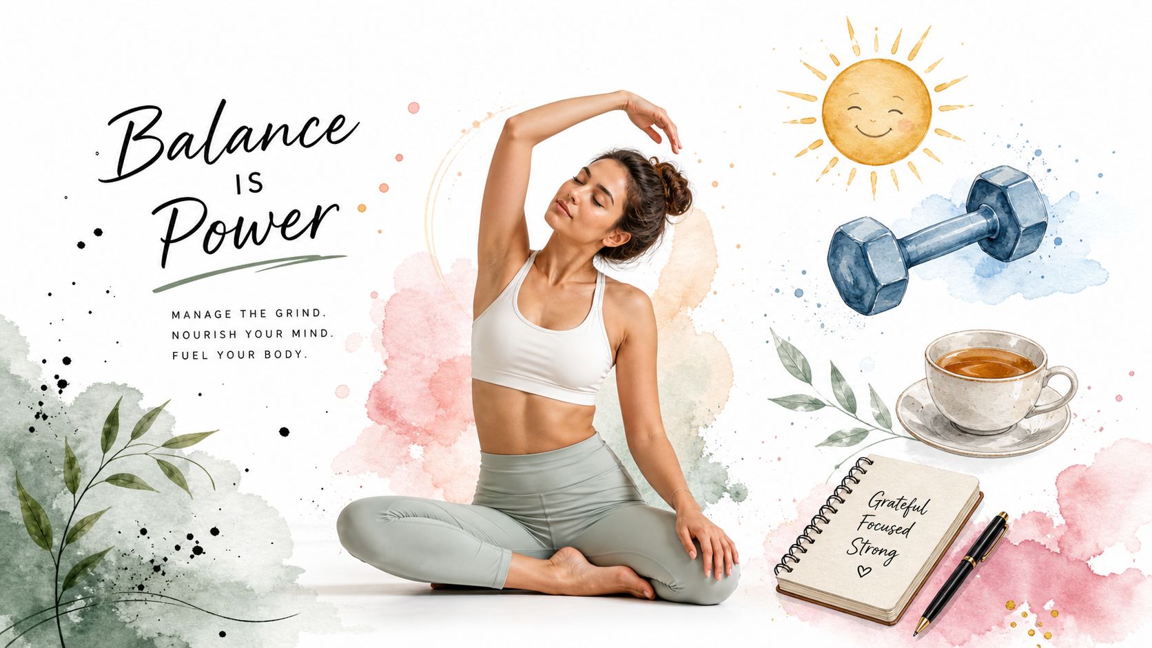 A woman practicing yoga with watercolor illustrations of a sun, a dumbbell, a teacup, and a journal.