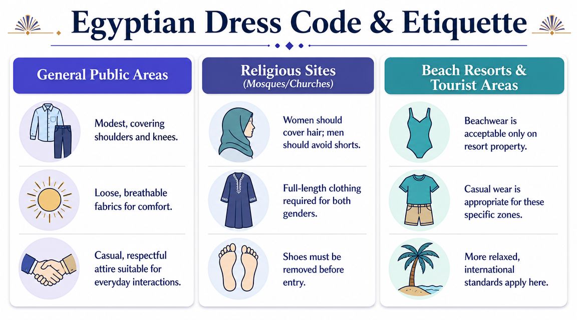 A guide illustrating appropriate clothing and etiquette standards for tourists visiting different areas in Egypt.