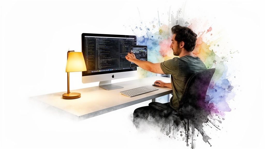 A man intensely codes on a computer and tablet, surrounded by artistic watercolor splashes.