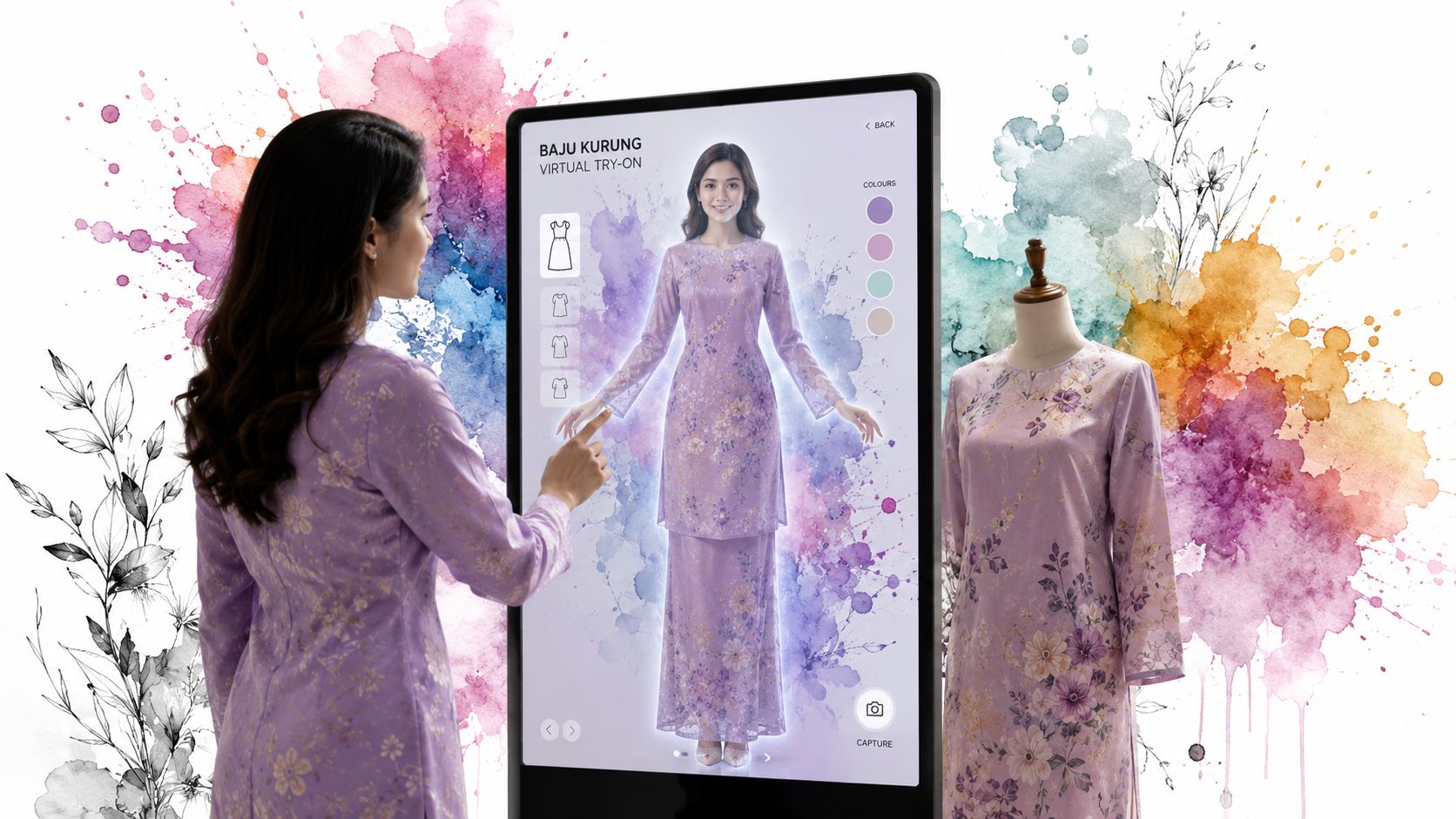 A woman using a digital mirror screen for a virtual baju kurung try-on experience in a shop.