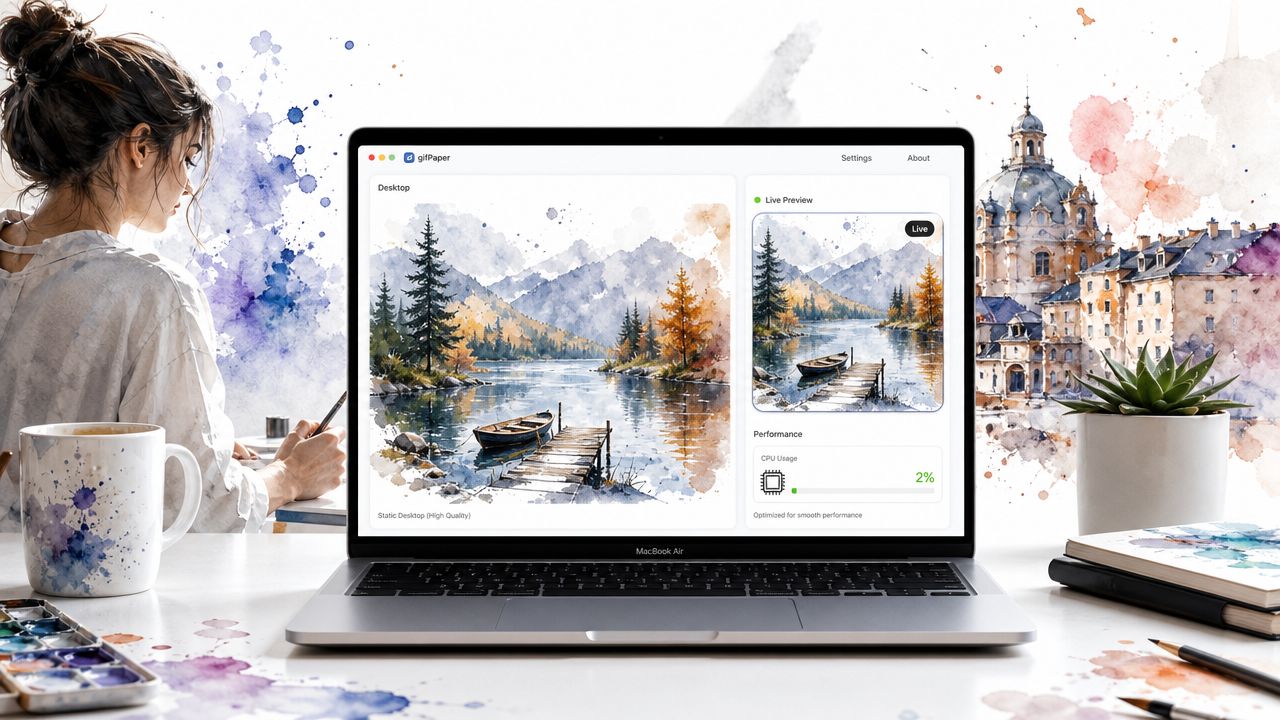 A MacBook Air displaying a GIF wallpaper application on a desk with watercolor art supplies.
