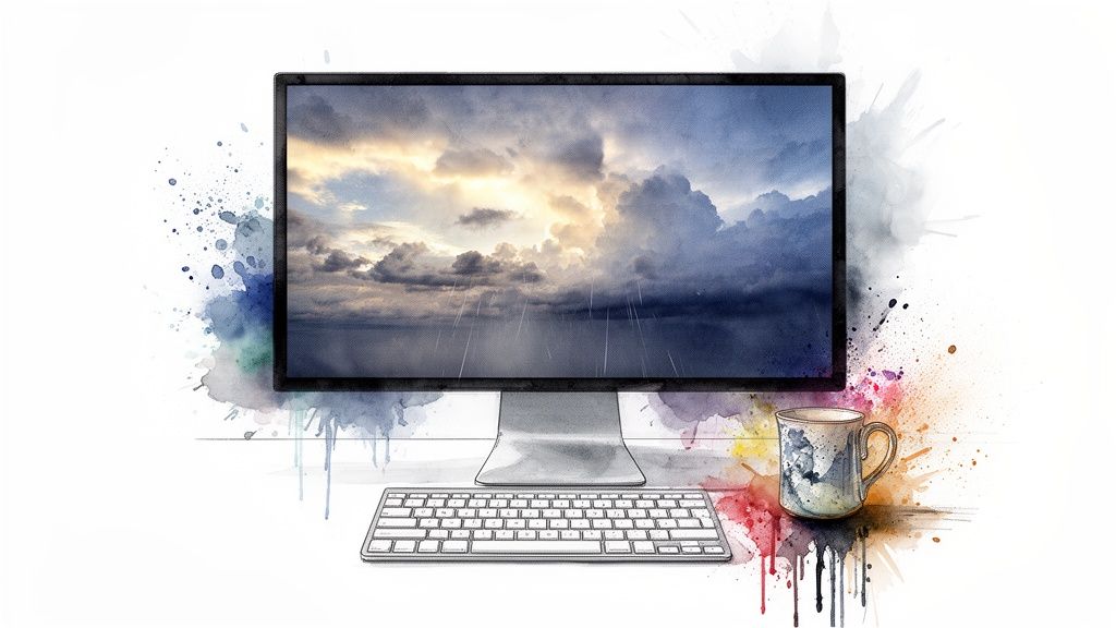 Artistic desktop computer with a rainy sky screen, keyboard, and a patterned watercolor mug.