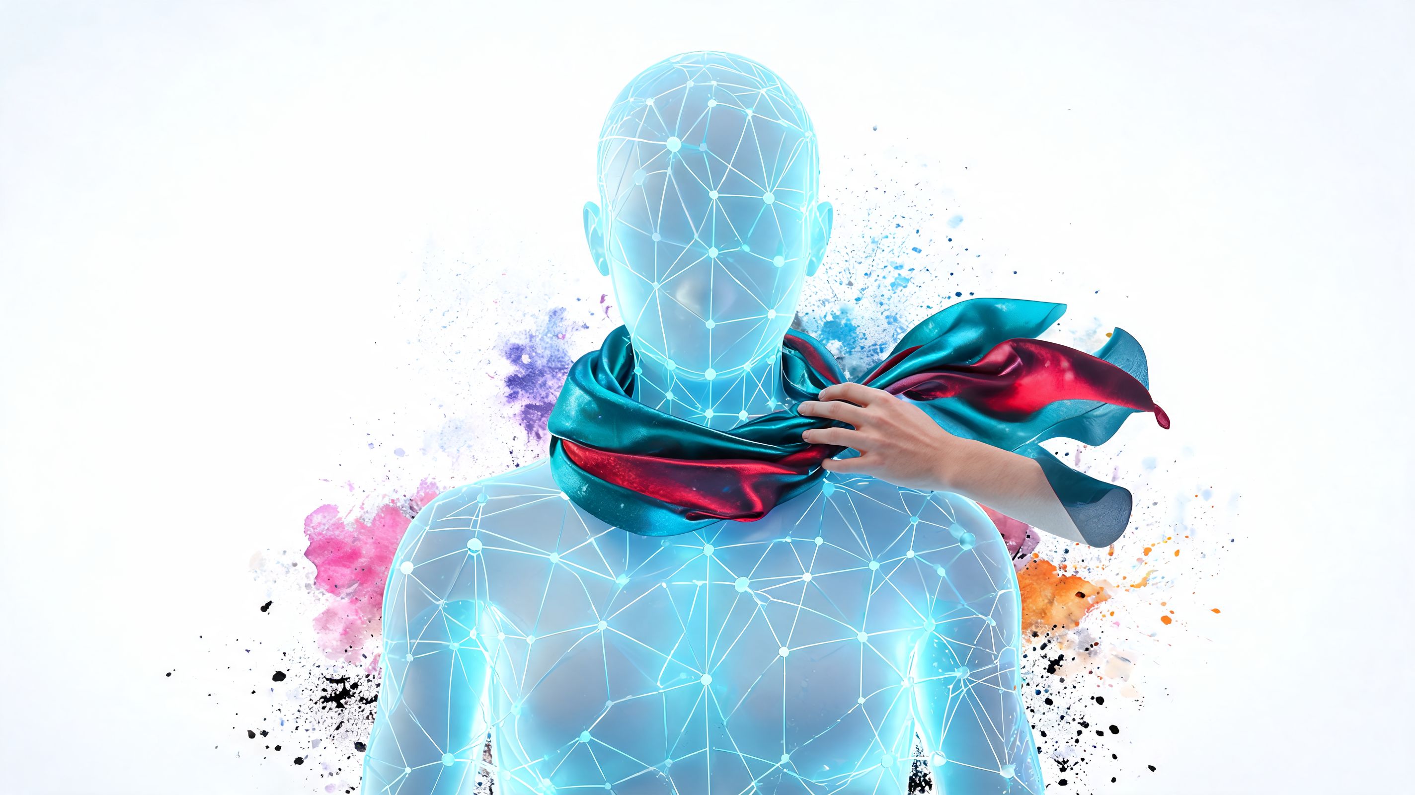 A digital 3D model of a human torso wearing a flowing silk scarf being adjusted by hand.