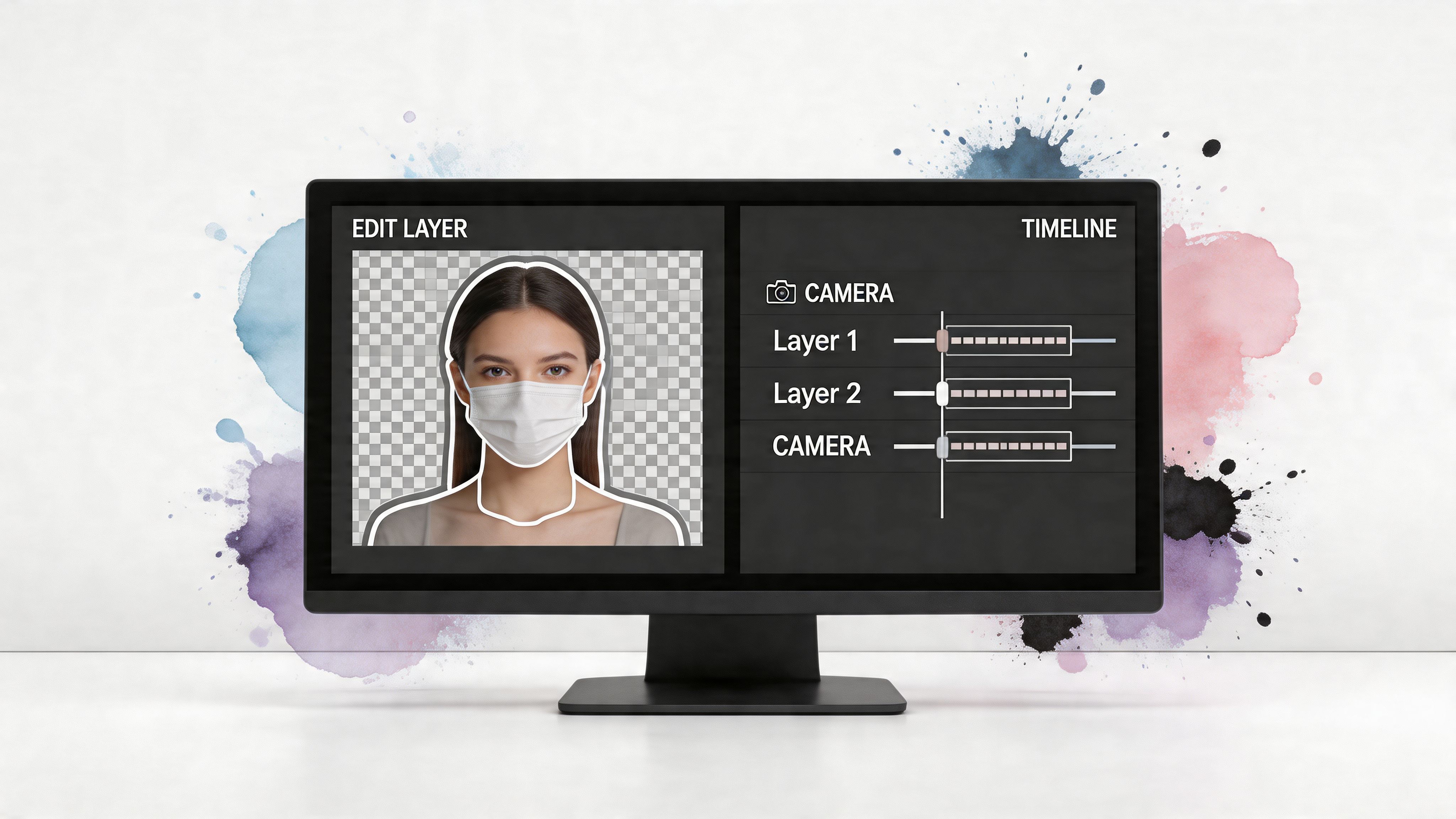 A computer monitor displaying video editing software with a person wearing a face mask in the interface.