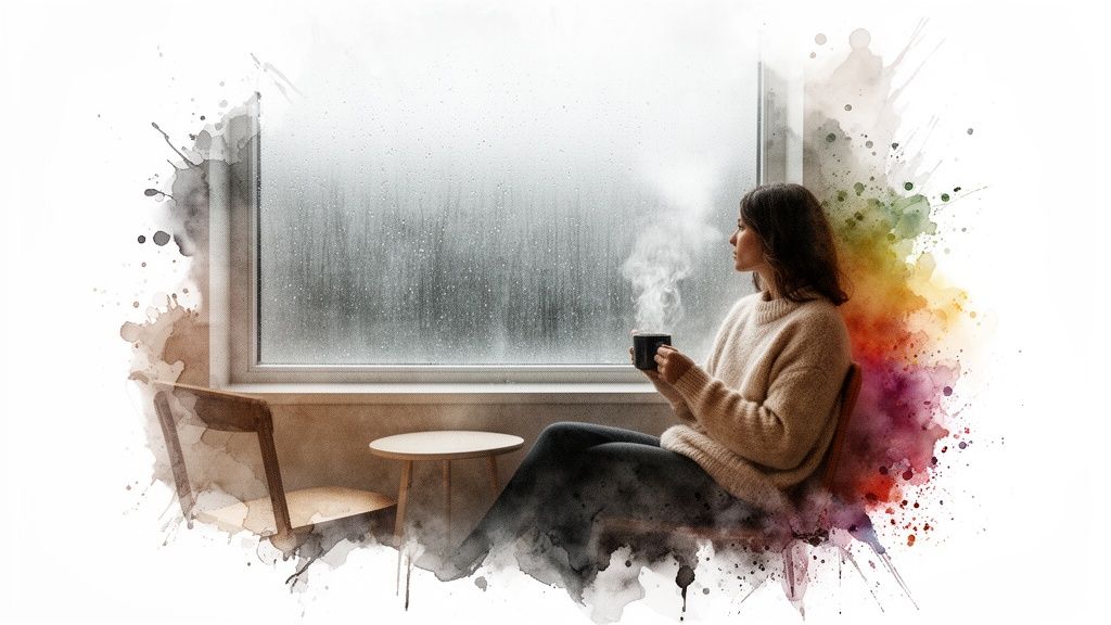 A woman in a cozy sweater sits by a rainy window, holding a steaming mug.