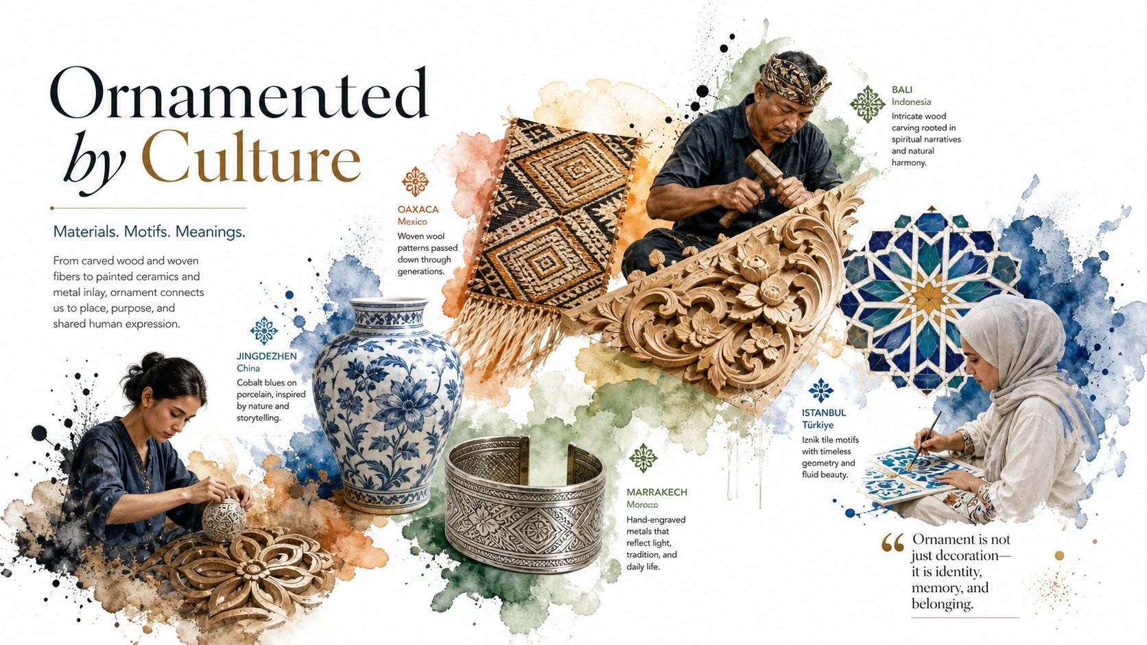 A collage showing global artisans creating traditional crafts including wood carvings, ceramics, textiles, and intricate metalwork designs.