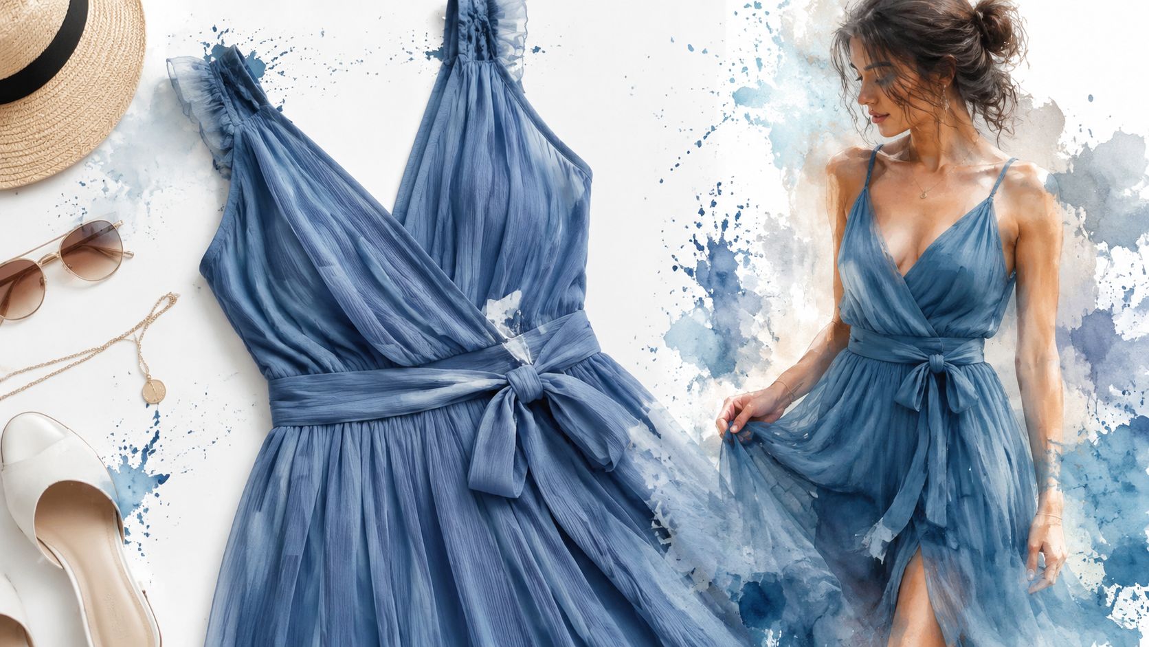 A watercolor style illustration showing a blue dress with accessories alongside a woman wearing the same dress.