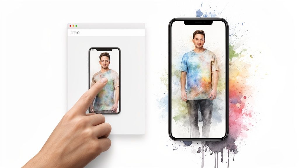 A hand interacts with a virtual try-on app on a phone, displaying a man in a colorful watercolor shirt.