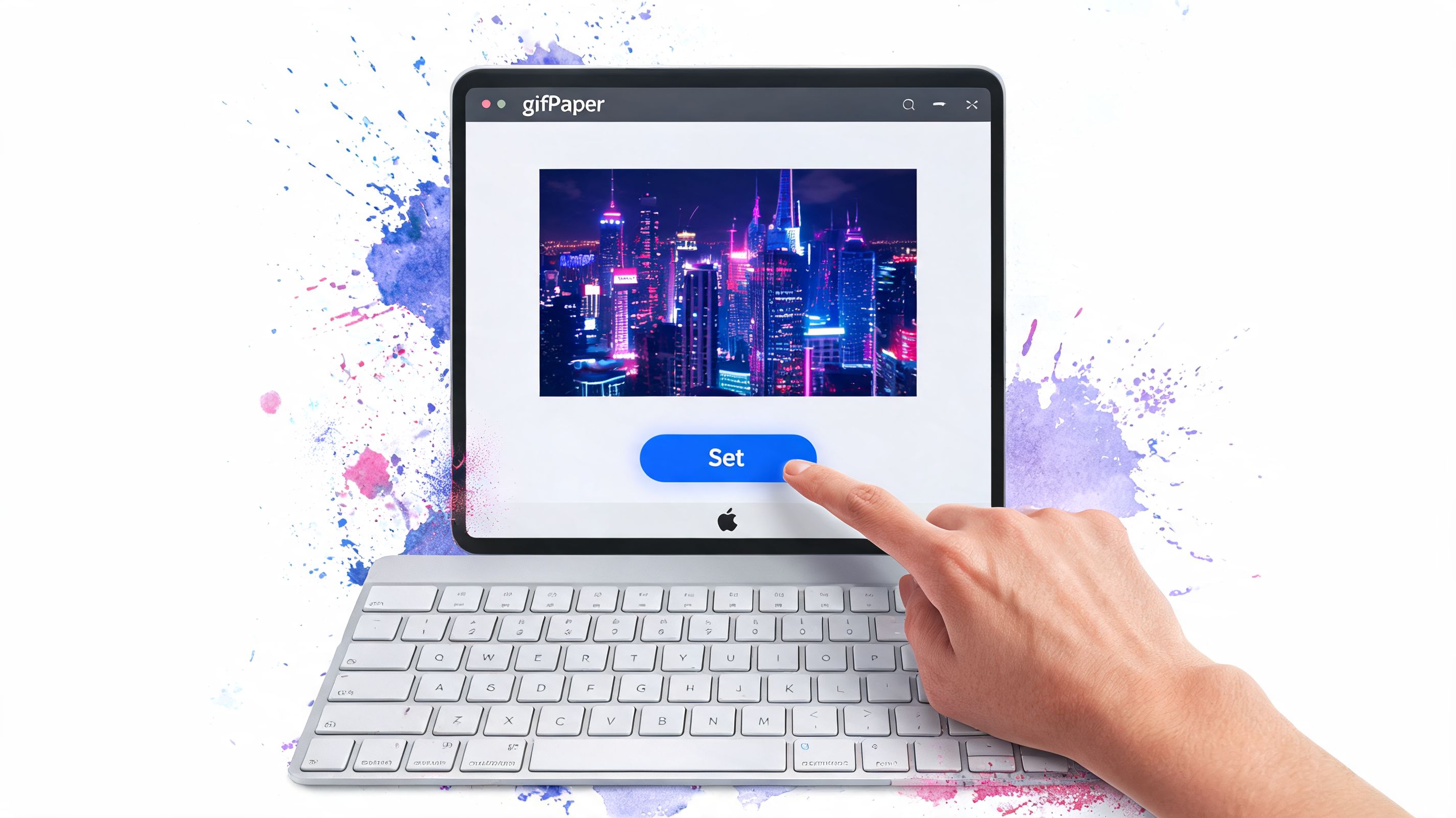 A hand selecting a city night live wallpaper on an Apple tablet with a wireless keyboard.