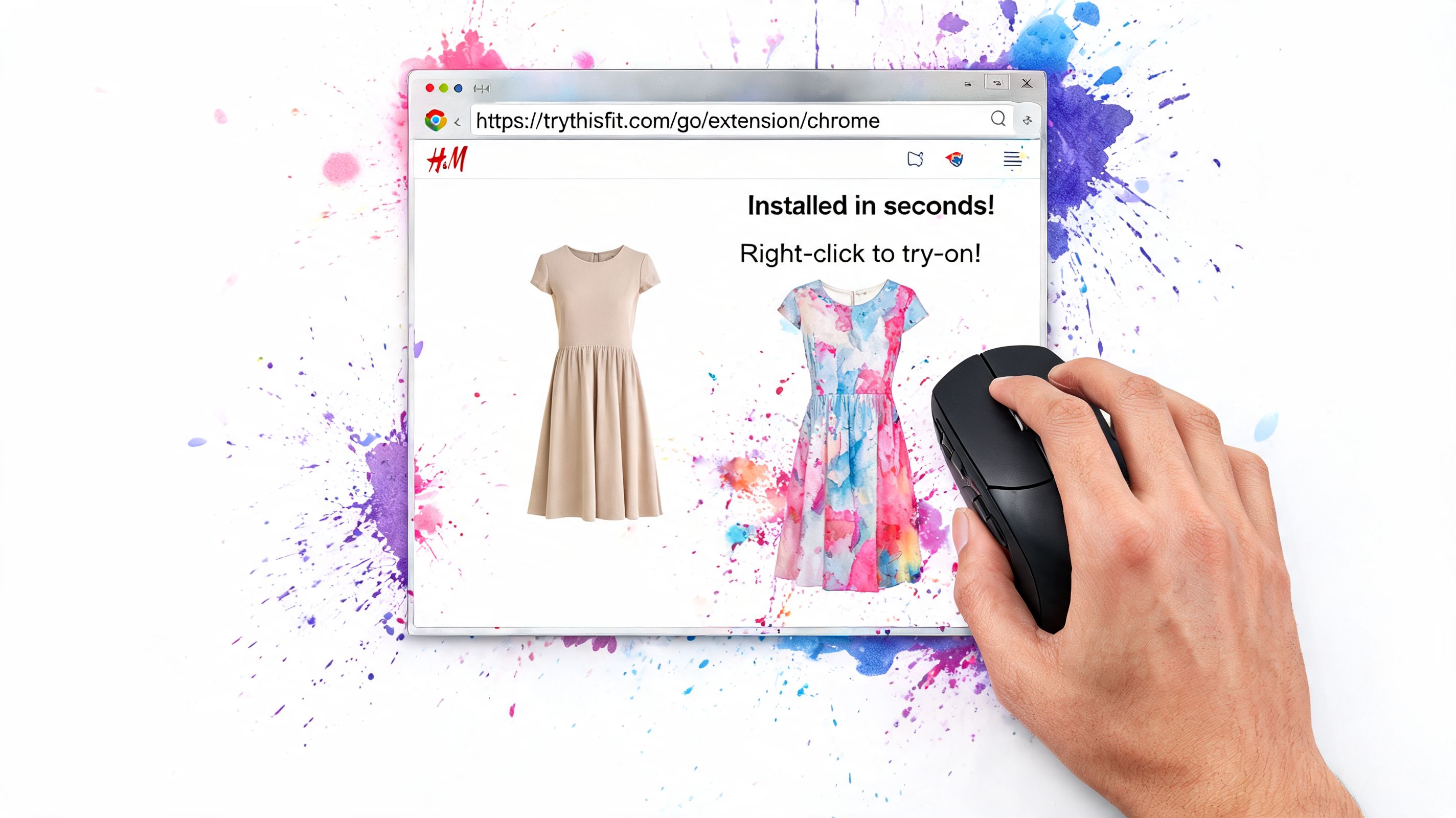 A hand using a computer mouse on a screen showing a virtual clothing try-on browser extension advertisement.