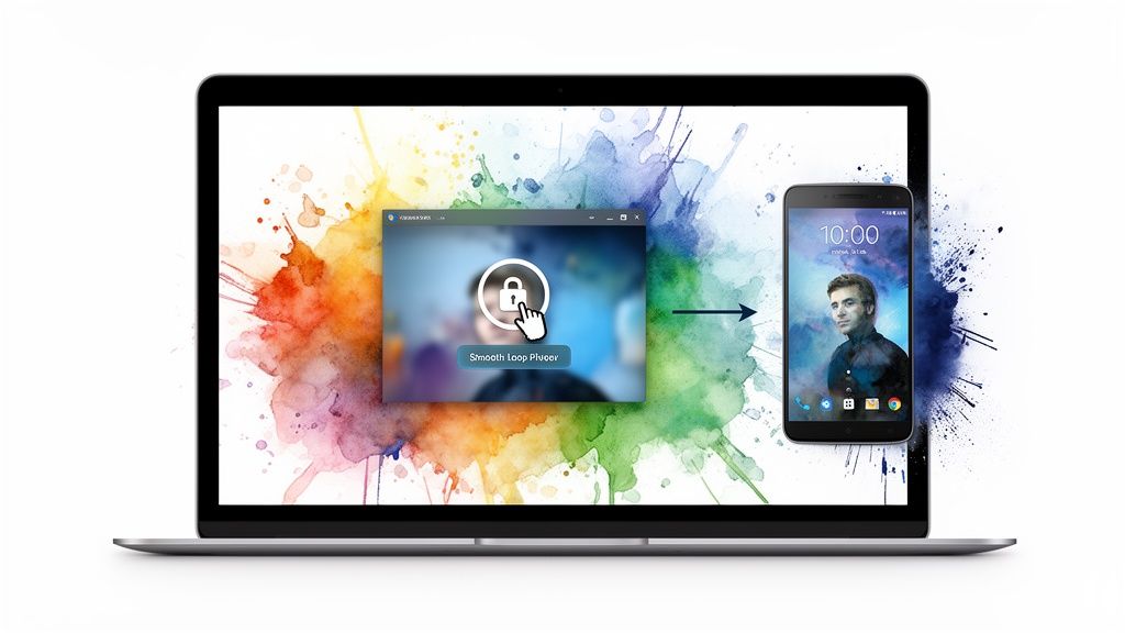 Laptop with smooth loop player software transferring content to a smartphone displaying a man's portrait.