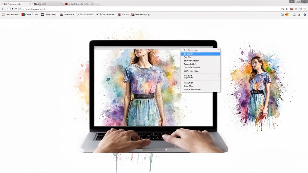 Hands on a laptop displaying a woman in a virtual watercolor dress, offering a 'Try this on' option.