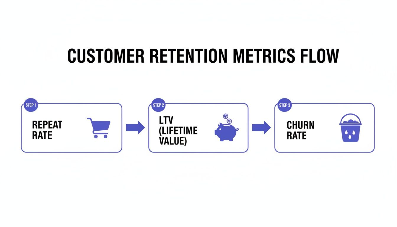 Flowchart illustrating customer retention metrics: Repeat Rate, Lifetime Value (LTV), and Churn Rate.