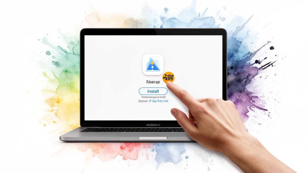 A hand points to a 7-day free trial badge on a MacBook screen showing an app installation prompt.