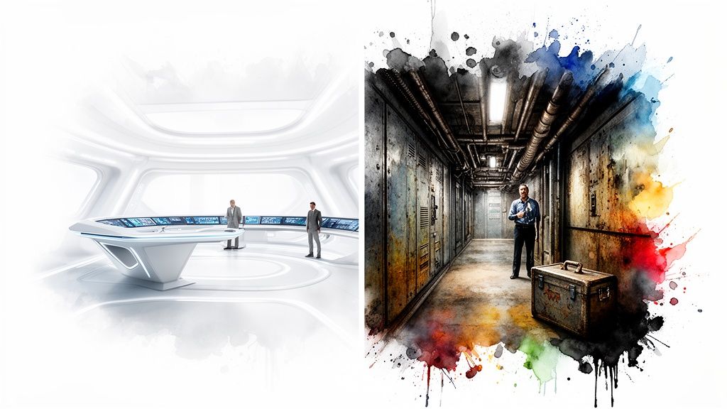 Two contrasting scenes: a futuristic control room with businessmen and a grungy industrial hallway with a man and toolbox, all with watercolor effects.