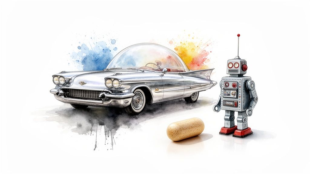 Watercolor art of a futuristic car, retro robot, and pill, with colorful paint splatters.