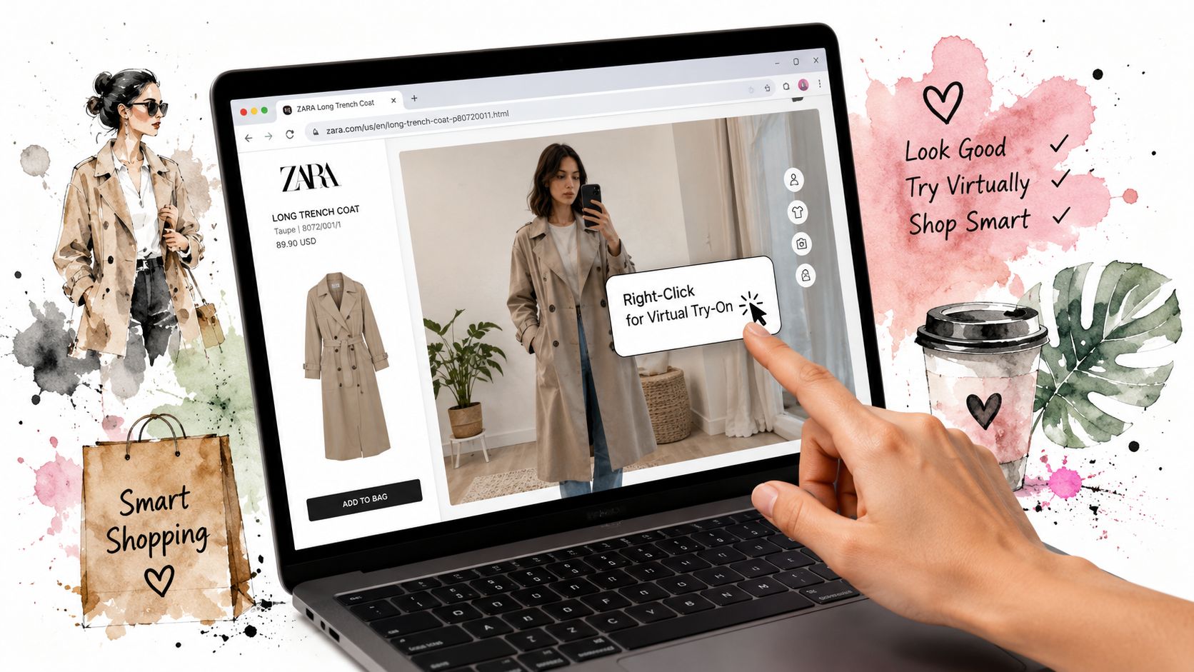 A hand using a laptop to virtually try on a trench coat on the Zara website online.