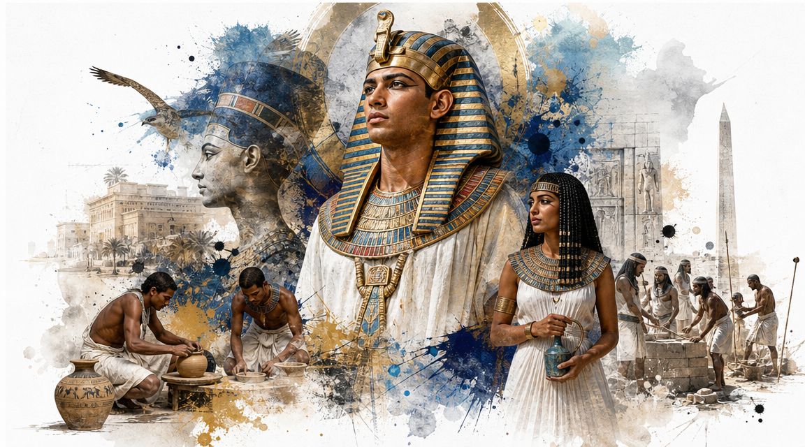 An artistic collage depicting ancient Egyptian pharaohs, queens, daily laborers, and iconic architectural landmarks with watercolor accents.