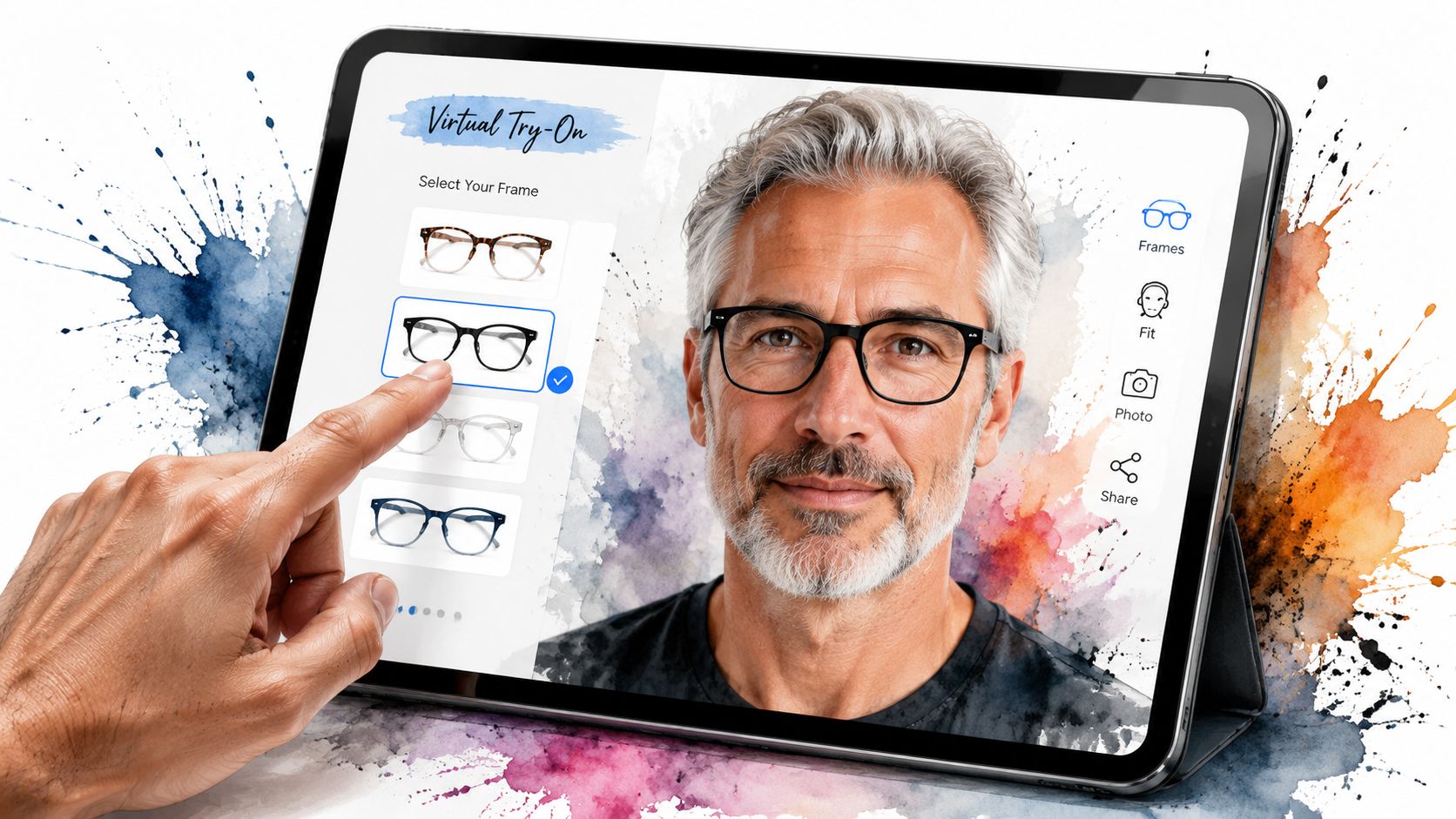 A hand using a tablet for a virtual try-on experience to select reading glasses on a man's face.