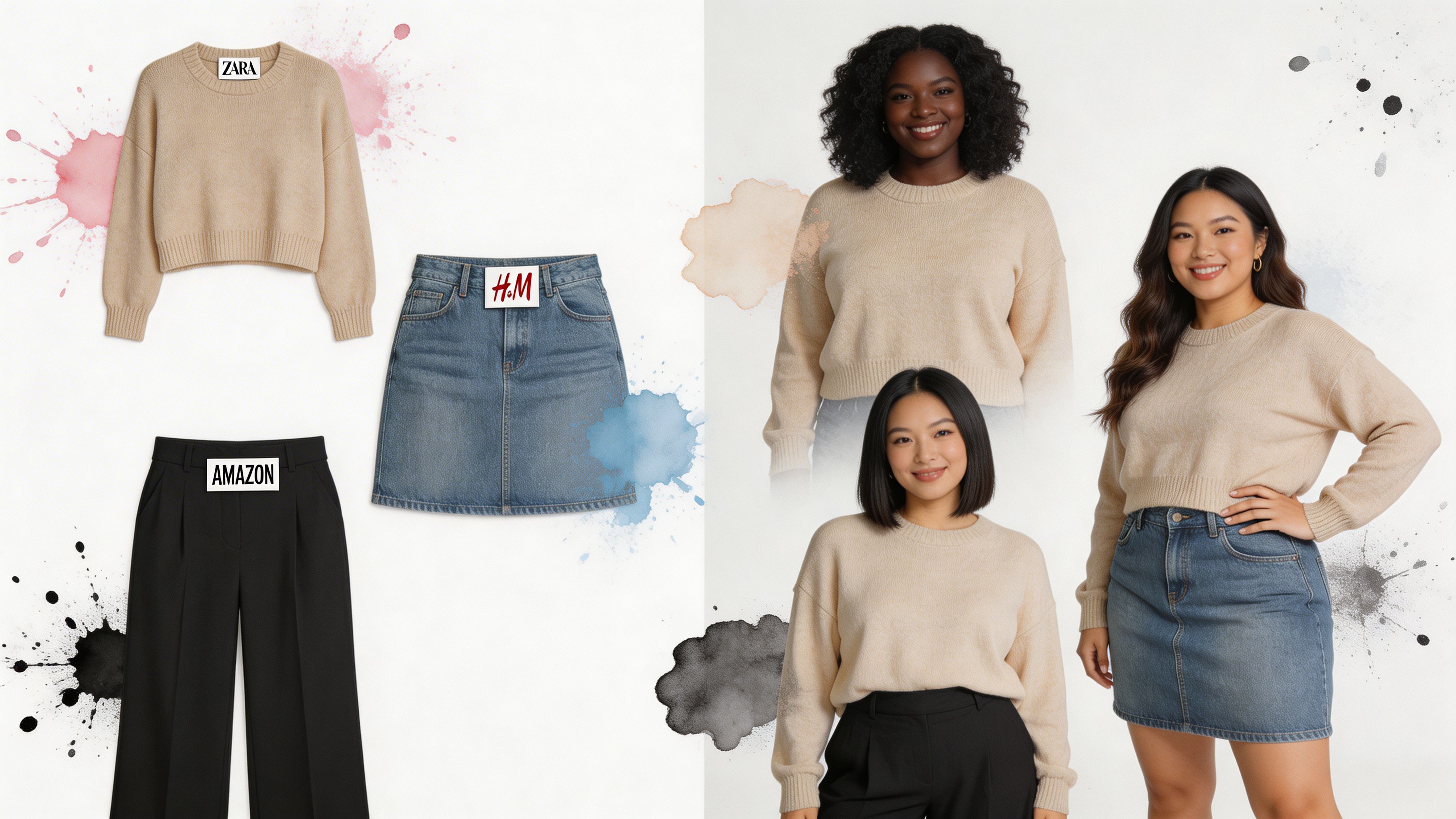 A collage showing a beige sweater, blue denim skirt, and black trousers styled on different models.
