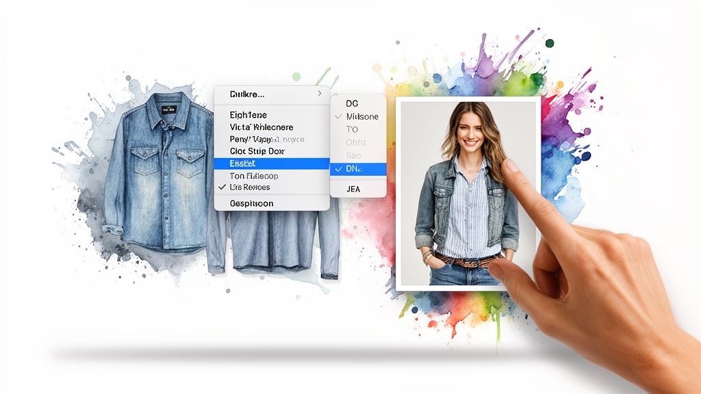 A hand selects a denim clothing option for a smiling woman from a digital menu with watercolor splashes.