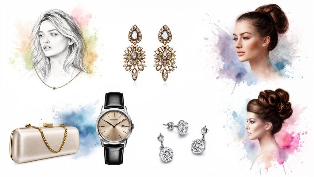 A collection of elegant fashion accessories including jewelry, a watch, a clutch bag, and women's portraits.
