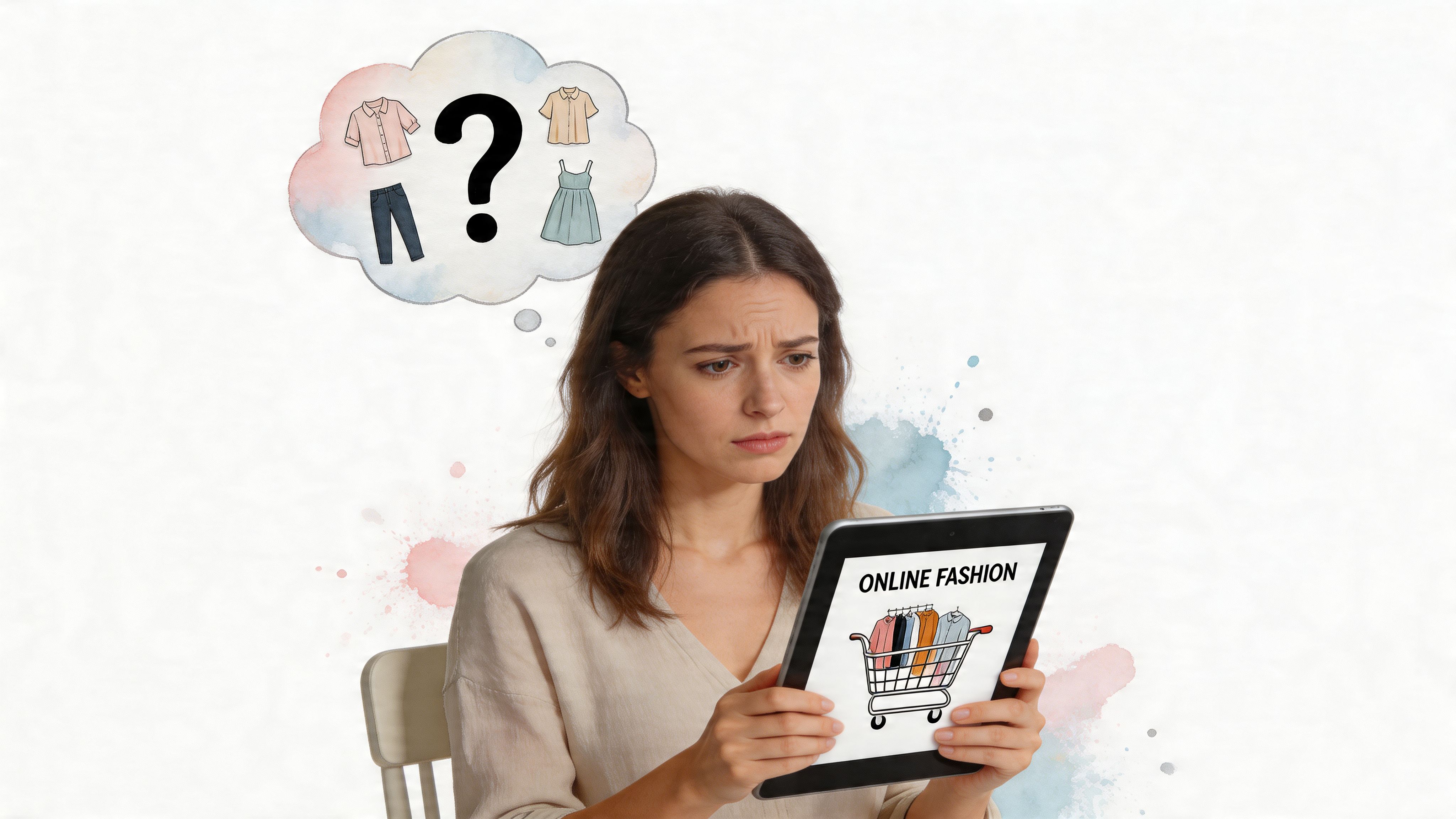 A confused woman looking at a tablet while shopping for fashion online, thinking about her clothing choices.
